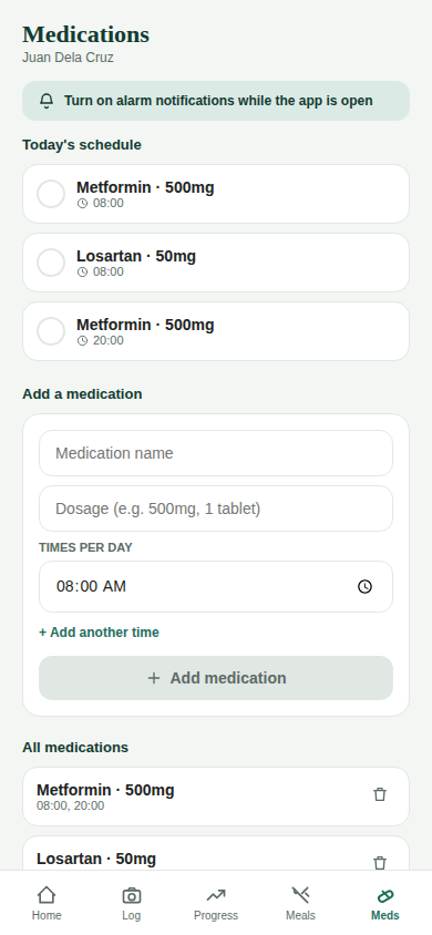 Medication schedule in DishCal PH
